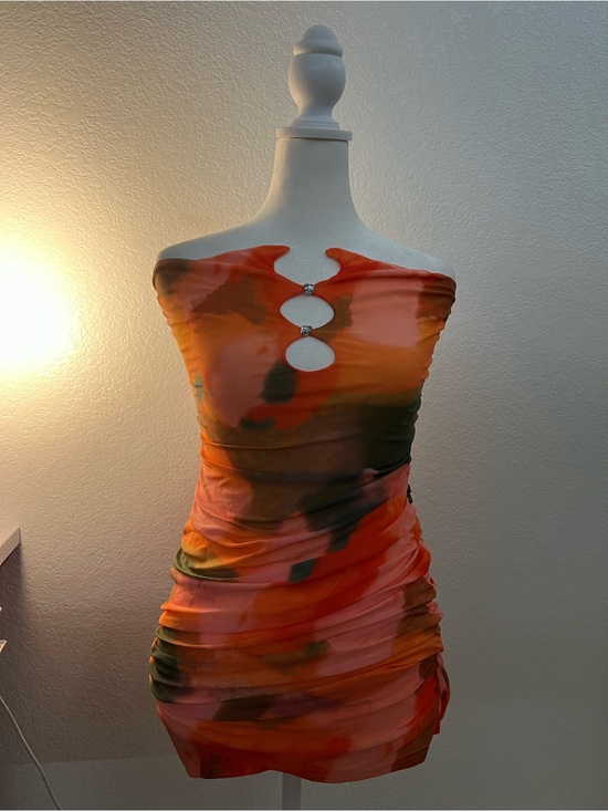 Dresses & Skirts - Orange Abstract Mesh Mini Dress Ruched Strapless Heart Cutout Y2K Party XS